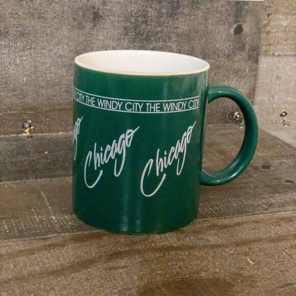 VINTAGE CHICAGO THE WINDY CITY COFFEE MUG RETRO DINER CUP CERAMIC GREEN - Picture 6 of 6